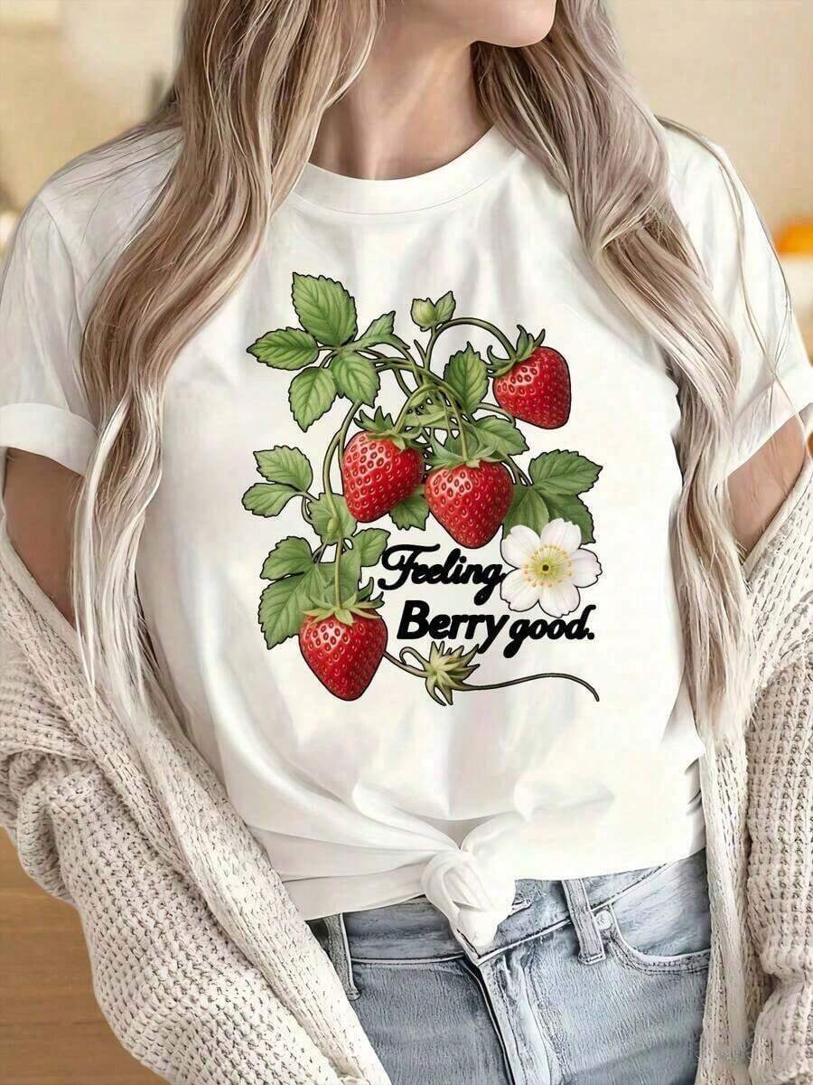 Camisetas para Mujer y Hombre con Cuello Redondo y Mangas Cortas, Camiseta de Mujer con Estampado de Fresas "Feeling Berry Good", Top Casual de Verano, Camiseta con Diseño Gráfico de Frutas. Los Estampados Divertidos son Adecuados para Fiestas de Navidad, Actividades Deportivas, Fiestas de Vacaciones, Salidas, Deportes y Otros Regalos Festivos. Camiseta unisex de algodón holgada de manga corta y cuello redondo estilo vintage urbano. Blusas para mujer, playeras de mujer, blusas casuales para dama. - Blanco - Ver 1