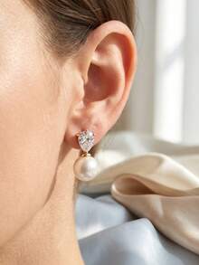Bông tai cưới mạ vàng 14K đính ngọc trai CZ, bông tai mạ vàng ít gây dị ứng, trang sức ngọc trai thanh lịch cho cô dâu trong ngày cưới. - Nhiều màu - Xem 1