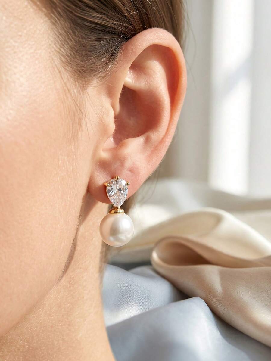 Bông tai cưới mạ vàng 14K đính ngọc trai CZ, bông tai mạ vàng ít gây dị ứng, trang sức ngọc trai thanh lịch cho cô dâu trong ngày cưới. - Nhiều màu - Xem 1