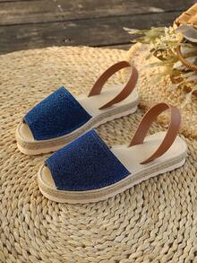 Giày sandal đế xuồng dệt kim đính sequin màu xanh hải quân dành cho nữ, hở mũi, có quai ngang mắt cá chân, kiểu dáng thường ngày, thích hợp đi biển, nghỉ mát hoặc đi làm. - Màu xanh lam - Xem 7