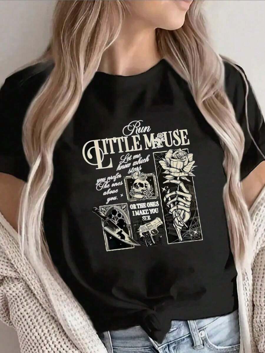 LooseCamiseta de manga corta con diseño gráfico de Ratito Corriendo, ligera y duradera para uso casual en el hogar, cafetería o exteriores, perfecta para la comodidad y el estilo de todos lo - Negro - Ver 1