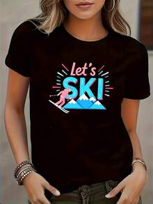 Camiseta casual de cuello redondo para mujer, Vamos a esquiar con diseño gráfico geométrico colorido, manga corta, ajuste regular, parte superior para todo el año, camiseta gráfica deportiva |   Diseño gráfico audaz - Negro - Ver 6