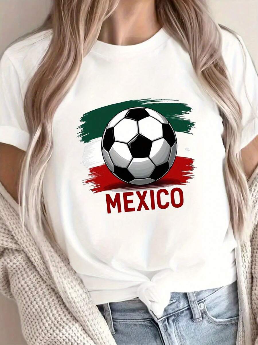 Camiseta de manga corta con cuello redondo y estampado de la bandera de México, una excelente opción para la ropa casual femenina en primavera y verano. - Blanco - Ver 1