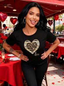 Women's Casual Short Sleeve T-Shirt - Heart, Leopard, Stripes And LOVE Letter Print - Soft Texture, Loose Fit, Essential For Sports And Leisure, Multicolor, Pure Cotton Printed T-Shirt For Women - 黑色 - 查看 7