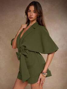Mono de mujer de unicolor con cinturón de moda - Verde militar - Ver 3