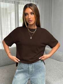 Camiseta básica para mujeres con diseño sencillo de corta por delante y larga por detrás - Café integral - Ver 5