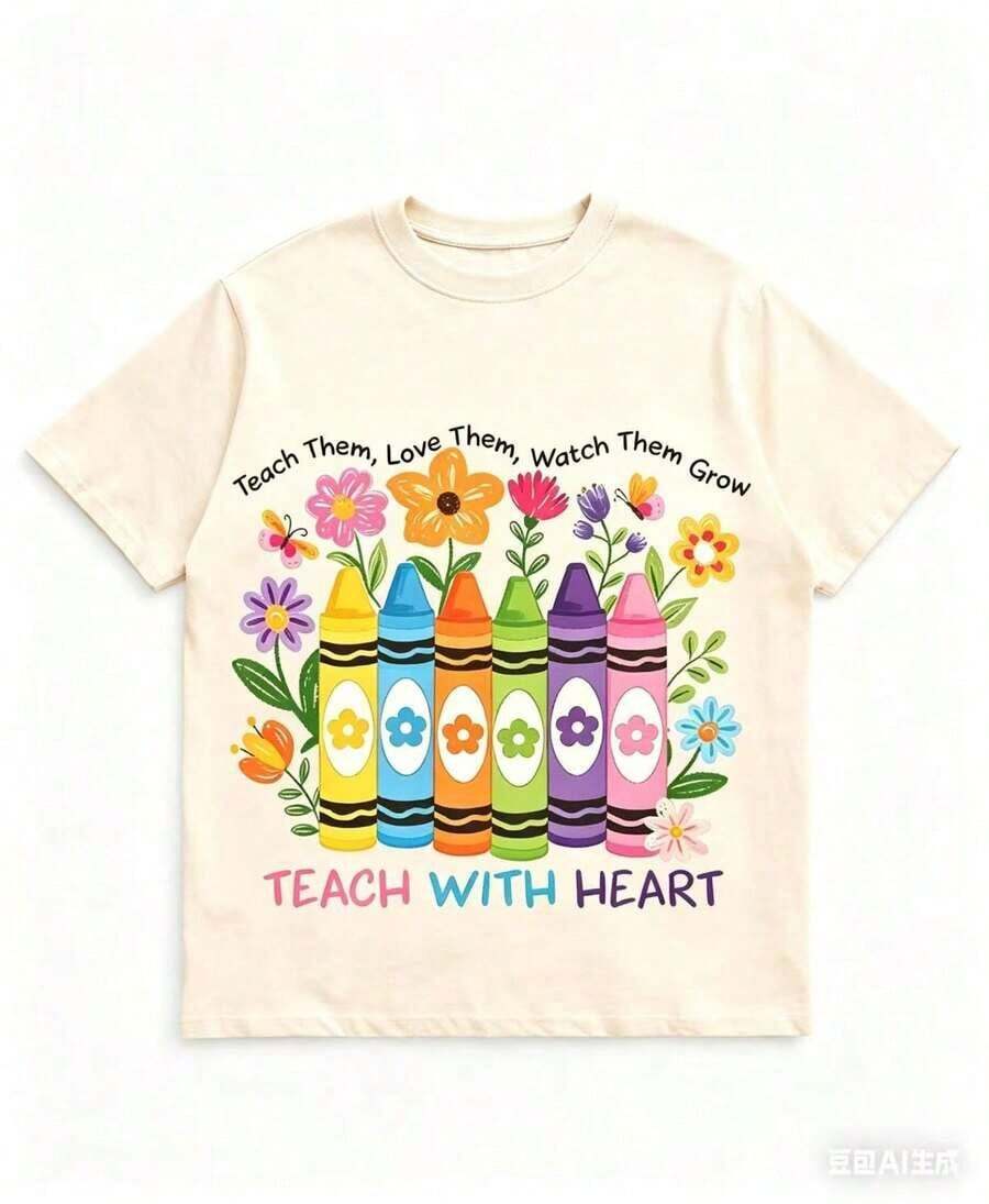 Sold As 1 Piece | 100% Pure Cotton & Breathable | Plus Size Teacher Appreciation T-Shirt - Heart Teaching Graphic, Pastel Colors - Soft & Breathable Cotton Daily Gift For Teachers For Teacher's Day, Back To School - Casual Teacher Clothing, Unisex Summer Top 100% Cotton Graphic - 杏 - 查看 1