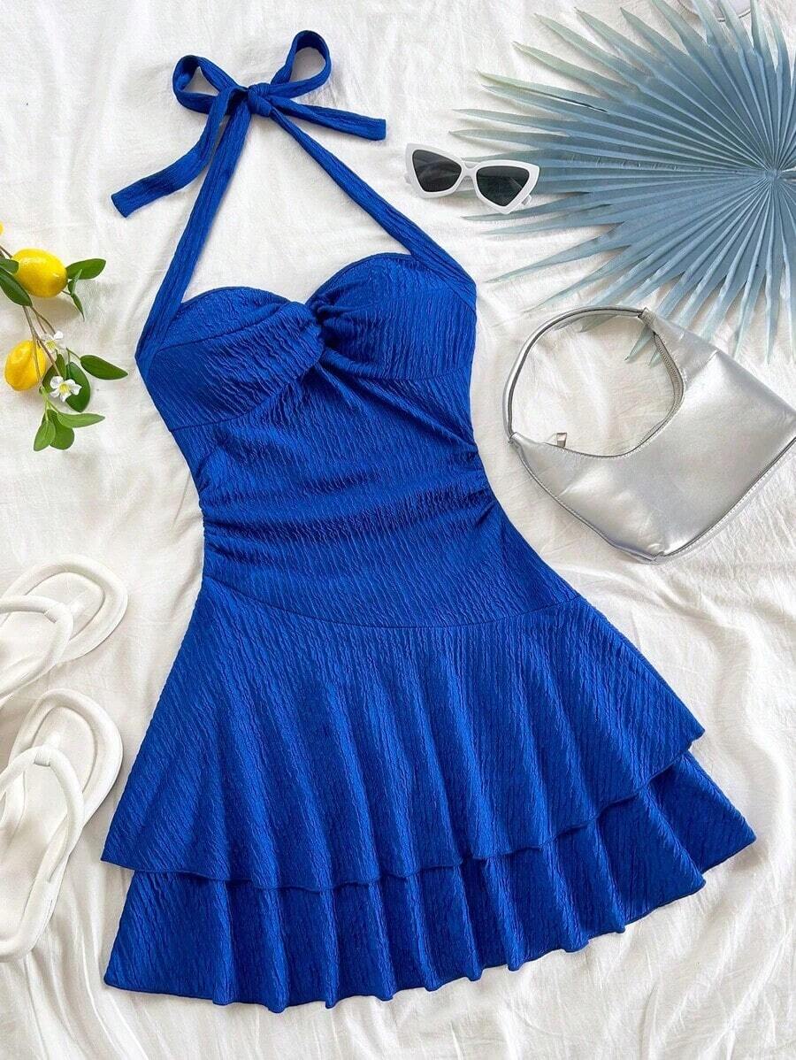 AVestido mini sexy con espalda descubierta, corbata en el cuello, dobladillo fruncido y doble capa, adecuado para fiestas, citas, San Valentín - azul real - Ver 1