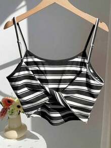 Camiseta de tirantes casual con espalda retorcida y rayas rosas para mujer - Negro 2 - Ver 2