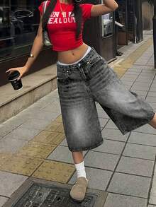 Teen GirlTrendy Distressed Black Oversized Wide Leg Denim Capri Pants, Streetwear Style - Grey - View 2
