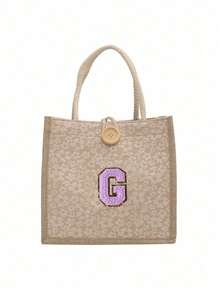 1pc Embroidered Letter Pattern Handbag, Floral Print Linen Tote Bag, Ditsy Floral Linen Decorative Button Handbag, Minimalist Large Capacity Handbag, Portable Casual Storage Tote Bag, Multifunctional Shopping Bag - Multicolor - View 21