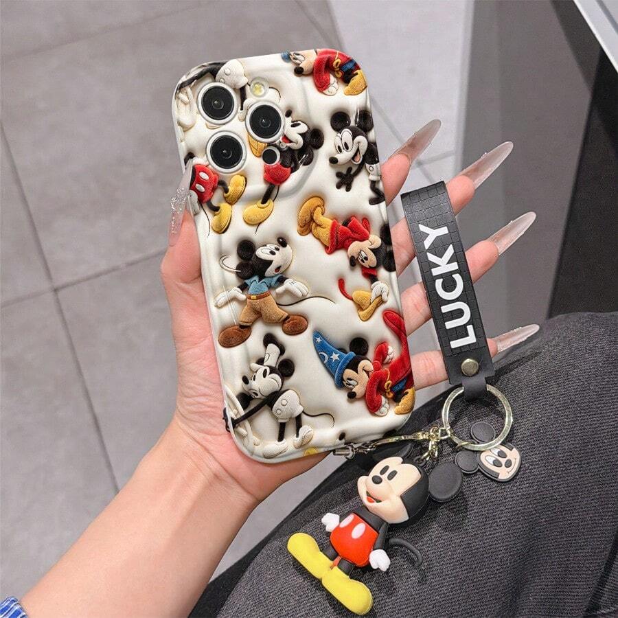 Disney Mickey Mouse Clubhouse Phone Case : 3D Fluffy Pattern Border Protector Phone Soft Phone Case With A Free Cute Mickey Bracelet Chain Lanyard, Mickey, Minnie, Goofy, Donald Duck, Daisy Duck, Pluto, For Apple 17 Promax 17 Pro 16 15 14 13 12 11 Pro Max XS Max X XR Soft Cover Summer Phone Case - trắng - Xem 1