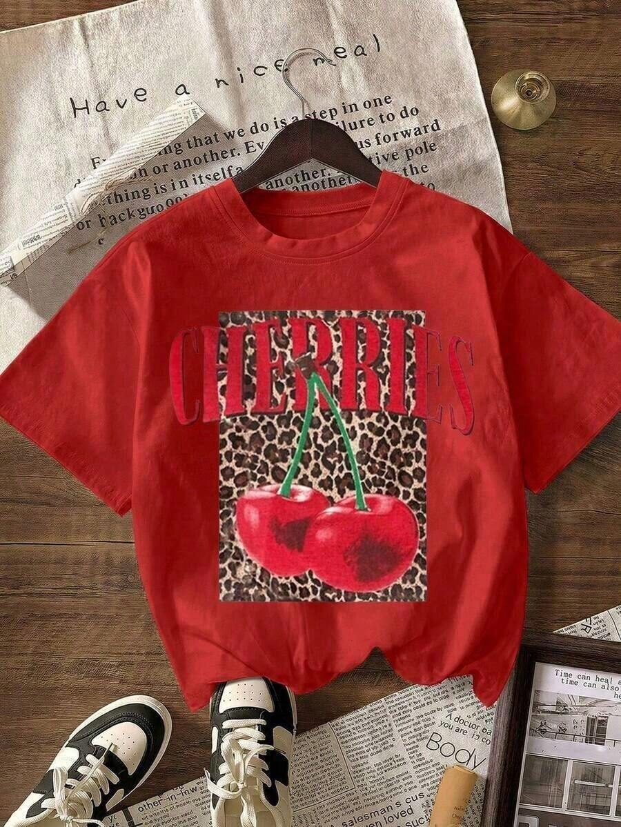 NewSummerCasualCamiseta Casual de Manga Corta con Cuello Redondo y Estampado de Leopardo y Cerezas para Mujer, Ideal para el Verano y el Ocio Diario.-Vintage Street Style Unisex Loose Cotton Short Sleeve Crew Neck T-Shirt - Rojo - Ver 1
