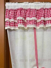 1 pieza Cortina con lazo estilo granja de lino - Elegante cenefa de doble capa con cuadros, ribete de encaje a ganchillo, diseño de persiana romana con lazo, para todas las estaciones, cortina velo transparente con lazo estilo francés para decoración de ventanas en sala de estar, cocina, baño, boda y fiesta - Beis - Ver 5