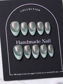 10pcs Handmade Short Almond Shape Y2K Mint Blue Nail Stickers, French Style And Hand-Painted Gradient Glitter Cat Eye Design. Includes 1pc Jelly Glue And 1pc Nail File. Suitable For Daily And Party Nail Care. - Mint Blue - View 3