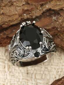 Exquisite Black Obsidian Gold-Plated Ring, Victorian Style Hollow Black Diamond Cocktail Ring, Gothic Dark Style Jewelry For Men - Silver - View 6