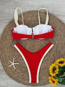 Nuevo Llegado Oficial Primavera/Verano Elegante Casual Sexy Traje de Baño Bikini de Mujeres en Blanco y Negro a Patchwork, para Playa, Fiesta, Cita, Vacaciones - Rojo - Ver 3