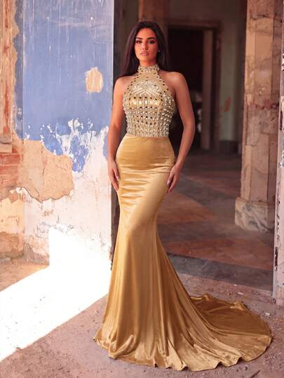 Faeriesty Vestido de noche de satén con decoración de strass sin espalda, adecuado para bodas, galas formales, ceremonias de graduación, también se puede usar como vestido de invitada de boda o vestido de cena formal