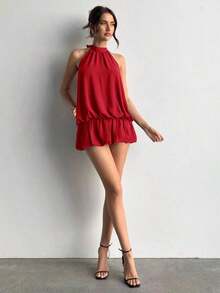 casual de verano para mujer con cuello halter, unicolor y volantes en el bajo - Rojo - Ver 3