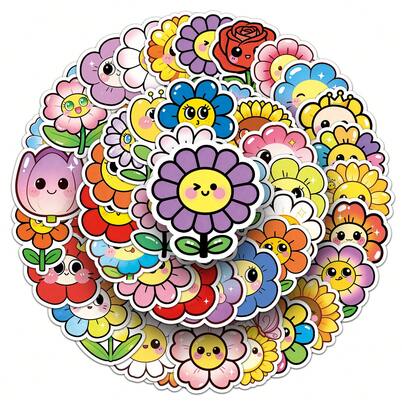 50/100pcs Cute Cartoon Floral & Smiling Face Stickers, Phone Stickers, Reward Stickers, Diary Stickers, Laptop Stickers, Decorative Stickers For Scrapbooking, Journals, Water Bottles, Notebooks