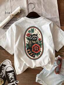 Women's LingK Cotton T-Shirt, Double-Sided Raccoon And Flowers, Vintage Crew Neck For Spring And Summer. - 白色 - 查看 2