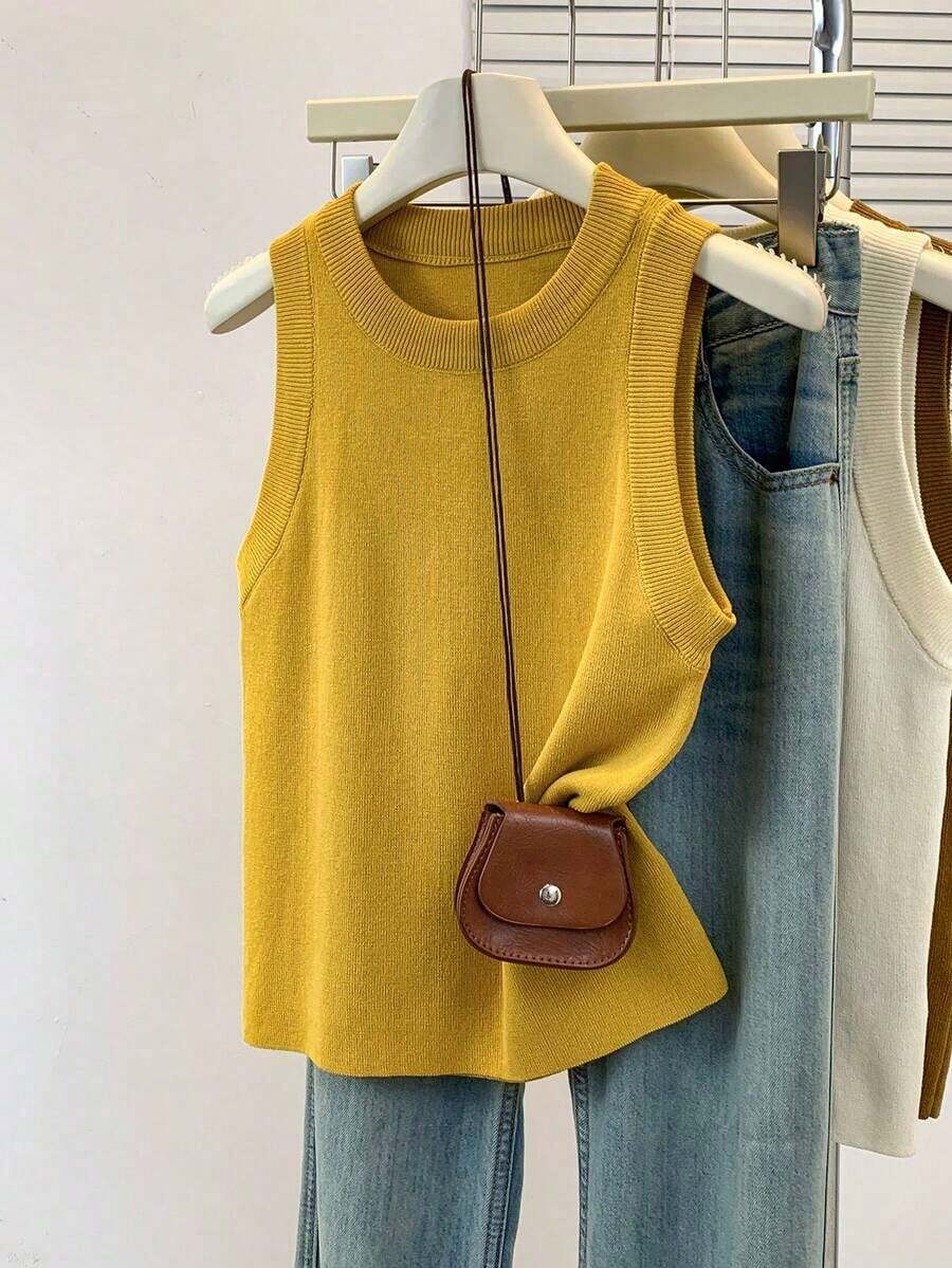 Top de punto de cuello redondo en color sólido para mujer de , minimalista y versátil, para verano. - Amarillo Mostaza - Ver 1