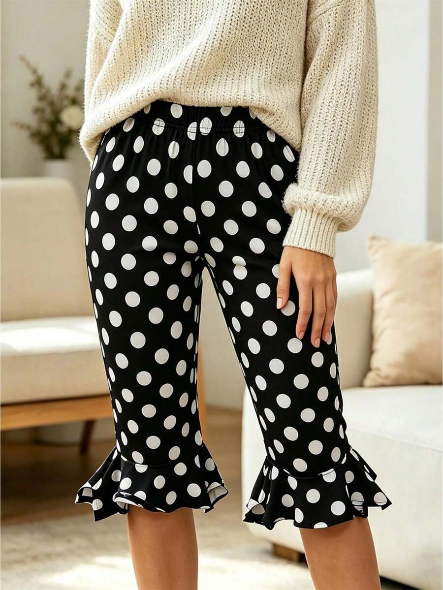 Womens Summer Knee Length Leggings Slim Fit Stylish Dot Print Ruffled Trim Mid Rise Capri Pants - Negro - Ver 1