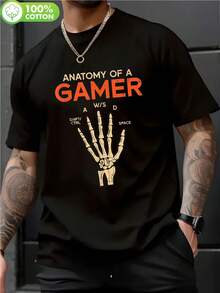 1 Camiseta de Algodón para Hombre con Cuello Redondo y Estampado de Anatomía de Mano Gamer, Tejido de Punto Casual para Todas las Estaciones, Ligero Elástico, Corte Regular - Camiseta Gráfica para Adultos, Tallas Grandes - Negro - Ver 1