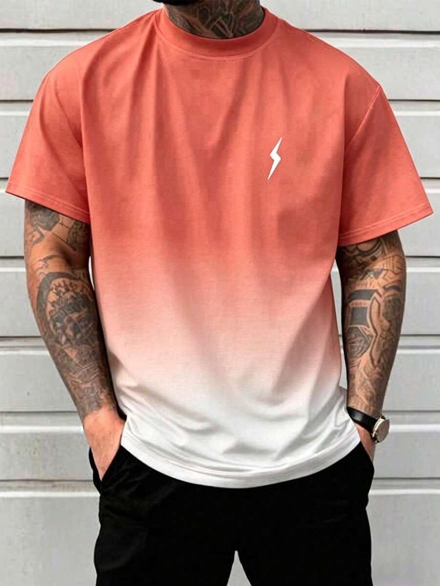 Men's Gradient Lightning Print Short Sleeve T-Shirt, Fashion For Summer - Orange - View 1