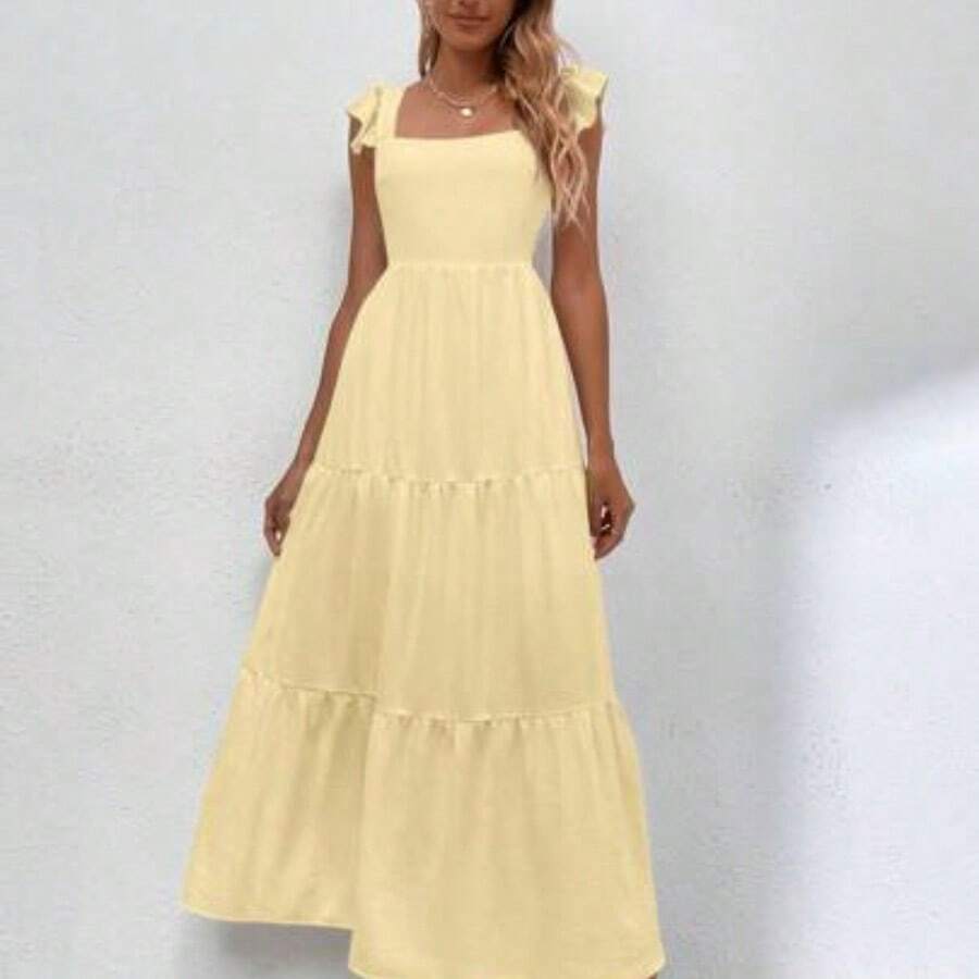 Solid Shirred Detail Ruffle Hem Dress Maxi Vacation Beach Outfits Women - Mostaza Amarilla - Ver 1