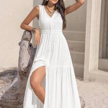 Long Sleeveless Casual Vacation Dress With Lace Collar, Suitable For Bohemian, Beach, Tropical Resort Occasions, New Year Party Outfit White Summer Elegant - Azul - Ver 4