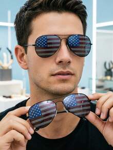 Black Frame American Flag Glasses, Patriotic T-Shape Bezel Reflector Lenses, Retro Fashion Statement Eyewear For 4th Of July National Events Holiday Party Street Casual Outfits - Cờ Mỹ viền đen - Xem 4
