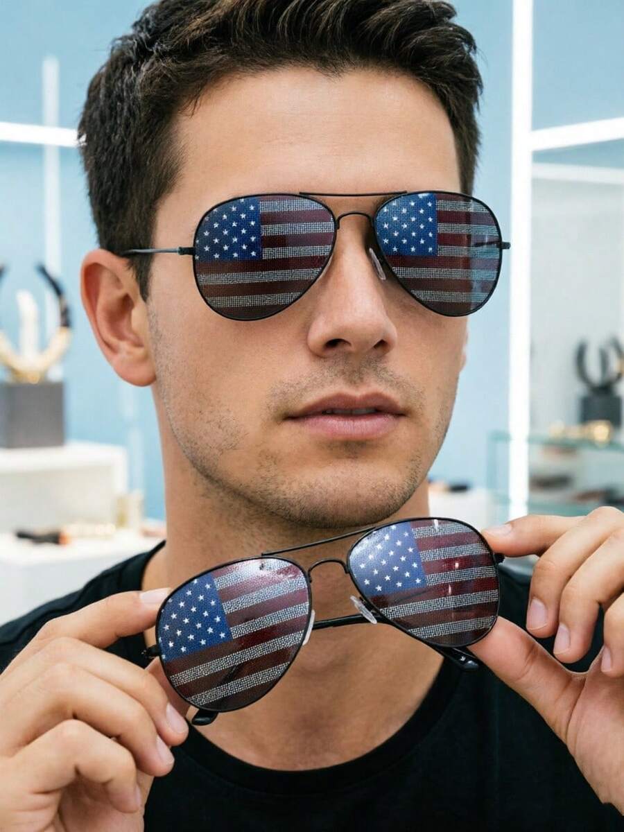Black Frame American Flag Glasses, Patriotic T-Shape Bezel Reflector Lenses, Retro Fashion Statement Eyewear For 4th Of July National Events Holiday Party Street Casual Outfits - 黑框星條旗 - 查看 1