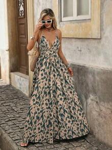 Vestido sin mangas de cuello en V con estampado total para vacaciones de verano de mujer - Verde - Ver 6