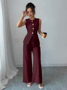 Traje casual/de trabajo elegante de mujer con decoración de botones florales - Burdeos - Ver 5
