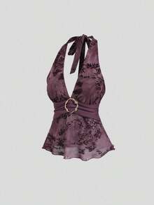 Camiseta de tirantes con cuello halter y estampado romántico retro para mujer - Morado - Ver 3