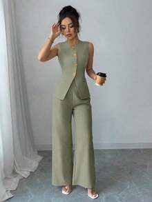 Traje casual/de trabajo elegante de mujer con decoración de botones florales - Verde - Ver 3