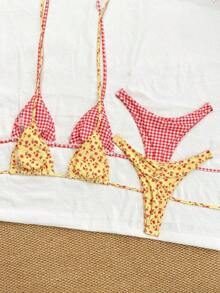 Conjunto de traje de baño de 4 piezas con cuentas marrón y a rayas, para primavera/verano 2026, conjunto de bikini de alta gama para resort de playa - Multicolor 4 - Ver 2