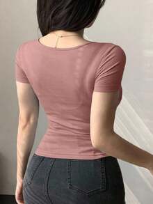 Camiseta corta de mujer con cuello en V, manga corta, ajustada y con nudo, para salir - Rosa 2 - Ver 4