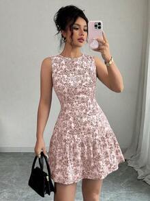 Vestido mini elegante de estilo bohemio con estampado floral, sin mangas y cintura ceñida para mujeres, conjunto de verano con acabado tejido al estilo francés para graduaciones, primavera/verano - Rosa 3 - Ver 1