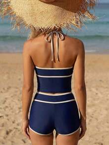 Bikini de 2 piezas con tiras de espagueti, copa triangular y shorts de cintura alta en contraste de azul y albaricoque, estilo dulce para mujer, Primavera/Verano 2026 - azul real - Ver 2