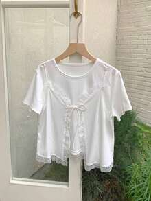 Camiseta de mujer con cuello redondo de manga corta con 2 en 1 y encaje empalmado - Blanco - Ver 7