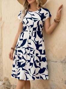 Vestido corto con cuello redondo y manga corta de estampado geométrico, casual para mujer, adecuado para primavera/verano - Multicolor 4 - Ver 6