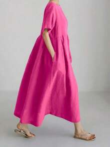 Vestido de lino suelto, casual, elegante y cómodo para mujer.Vestido largo suelto de manga corta, con bolsillo, cuello redondo y unicolor.Ajuste relajado para el verano - Rosa Fucsia - Ver 4