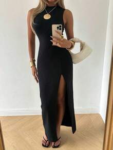 Vestido casual y elegante con abertura lateral, liviano para el verano - Negro 2 - Ver 7