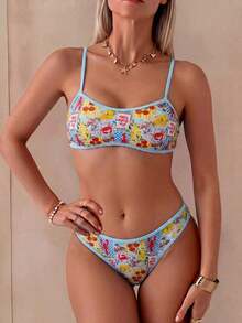 Set de 2 piezas Bikini bandeau con estampado floral rosa para mujer, con tirantes desmontables adecuado para vacaciones en la isla y sesiones de fotos en la playa en verano - Multicolor 12 - Ver 3