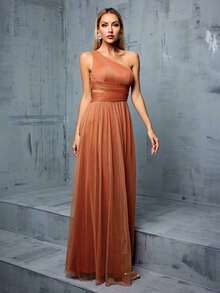 Vestido largo de gasa con cuello asimétrico, busto drapeado, cintura hueca y abertura alta en A, vestido de dama de honor para boda en primavera - Naranja Quemada - Ver 4