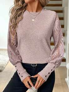 Blusa de mujer con mangas de encaje floral, parches y tejido de gofre, color blanco - Rosa vieja - Ver 10