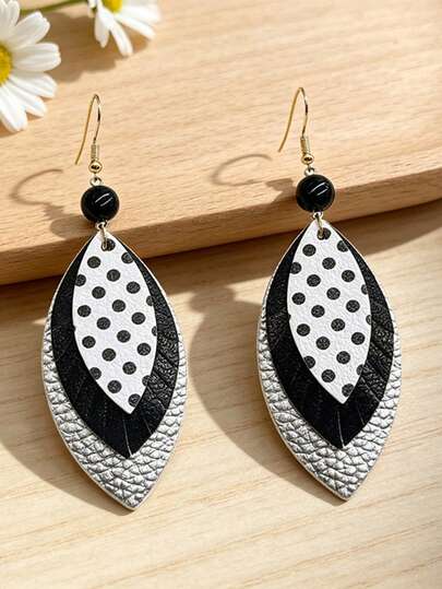 1 Đôi bông tai dáng dài kiểu Pháp cổ điển chấm bi và lá cây, bông tai thanh lịch dành cho nữ, phụ kiện thời trang đa năng.
