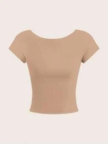 4 piezas Camisetas de mujer de unicolor casual, de cuello redondo, ajustadas y con espalda calada, adecuadas para el verano - Multicolor 13 - Ver 11